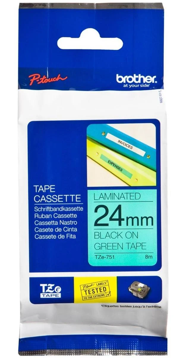 Brother P-touch TZe-751 (24mm x 8m) Black On Green Laminated Labelling