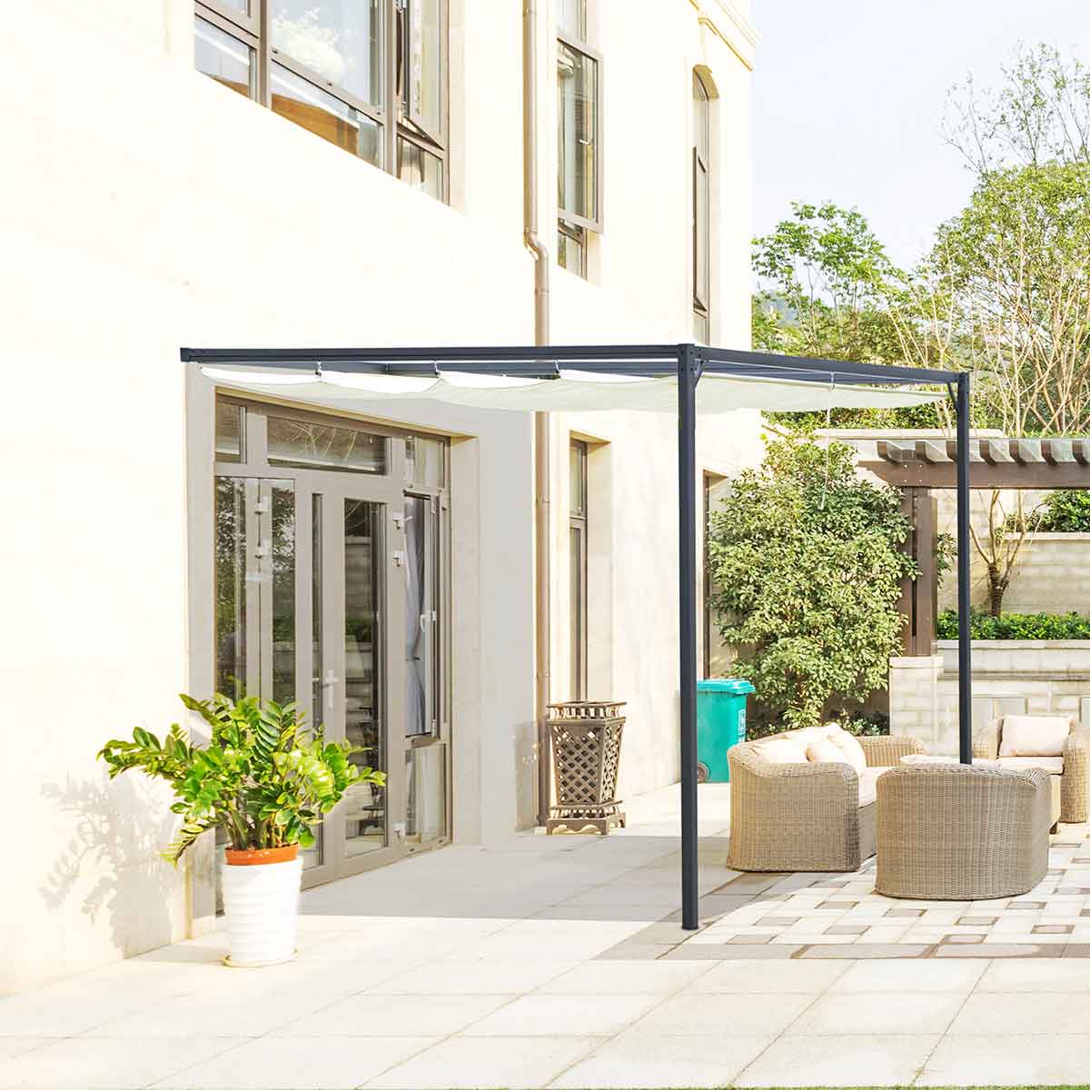 Outsunny 3 x 3m Outdoor Retractable Wall Mounted Pergola - Cream White