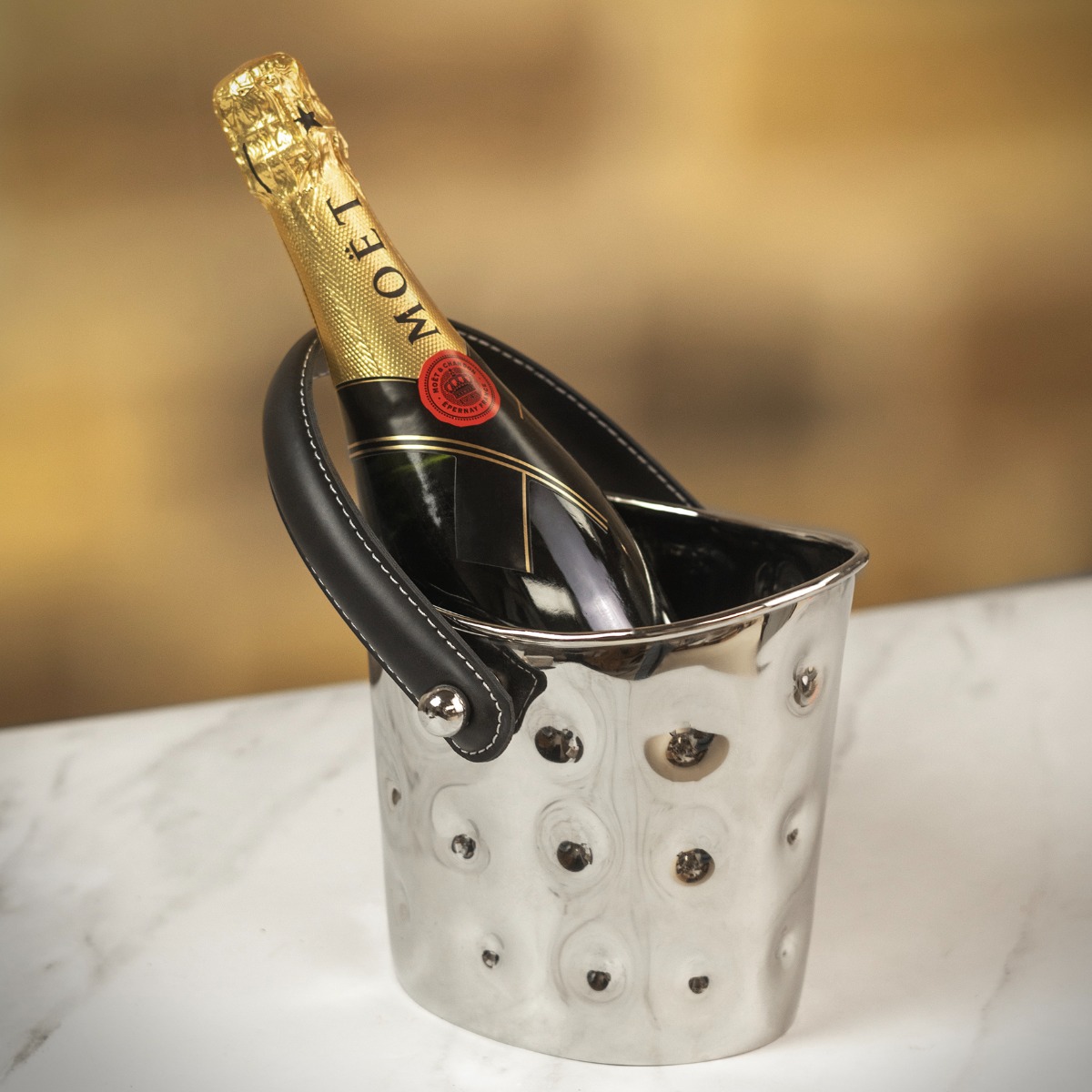 Culinary Concepts Single Ice Bucket with Black Leather Handle