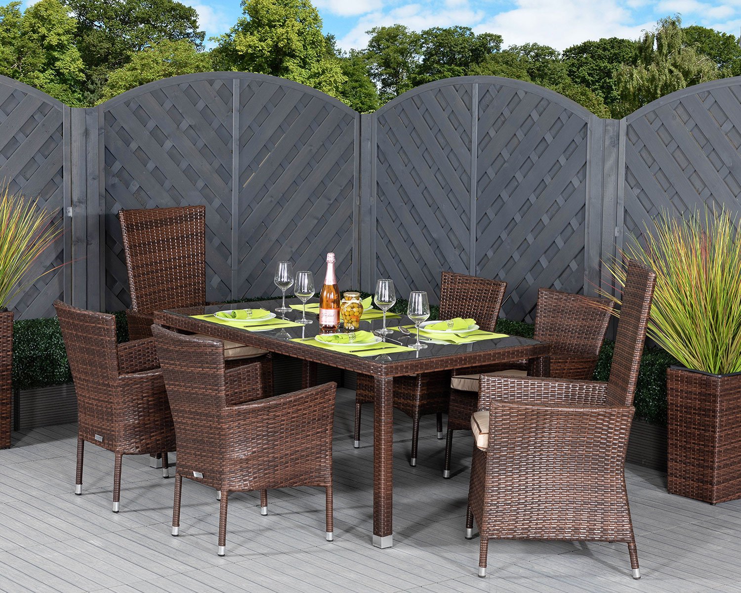 Cambridge 2 Reclining + 4 Stackable Rattan Garden Chairs and Open Leg Rectangular Table Set in Chocolate Mix and Coffee Cream