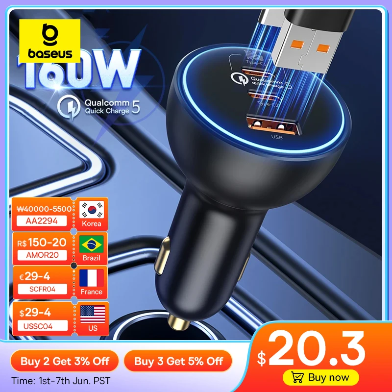 Baseus 160w Car Charger Qc 5.0 Fast Quick Charging Pps Pd3.0 Usb Type C Car Phone Charge For Iphone