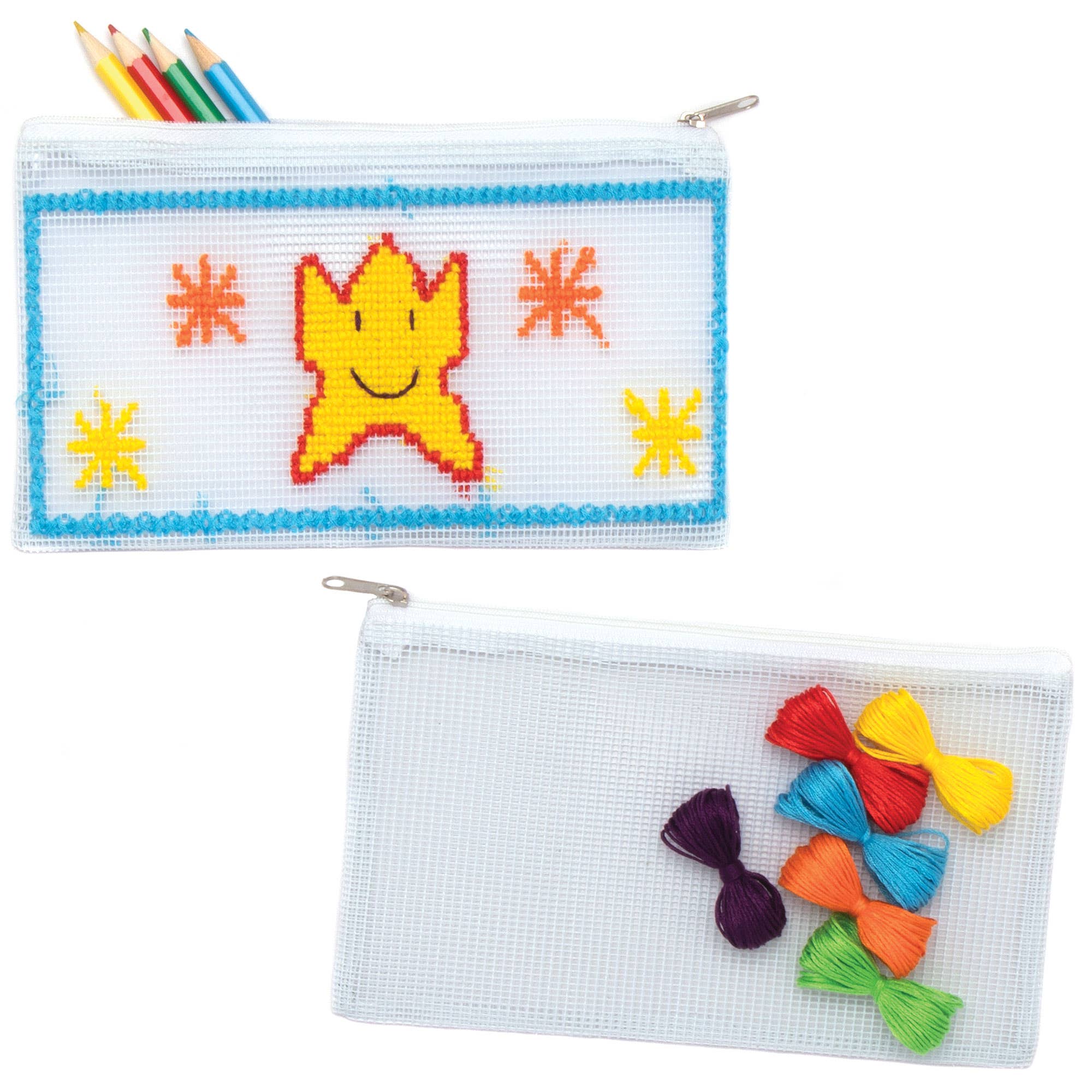 Baker Ross Cross Stitch Pencil Case - 2 Craft Pencil Cases & Accessories. Cross Stitch For Kids. Size 21.5cm x 12cm.