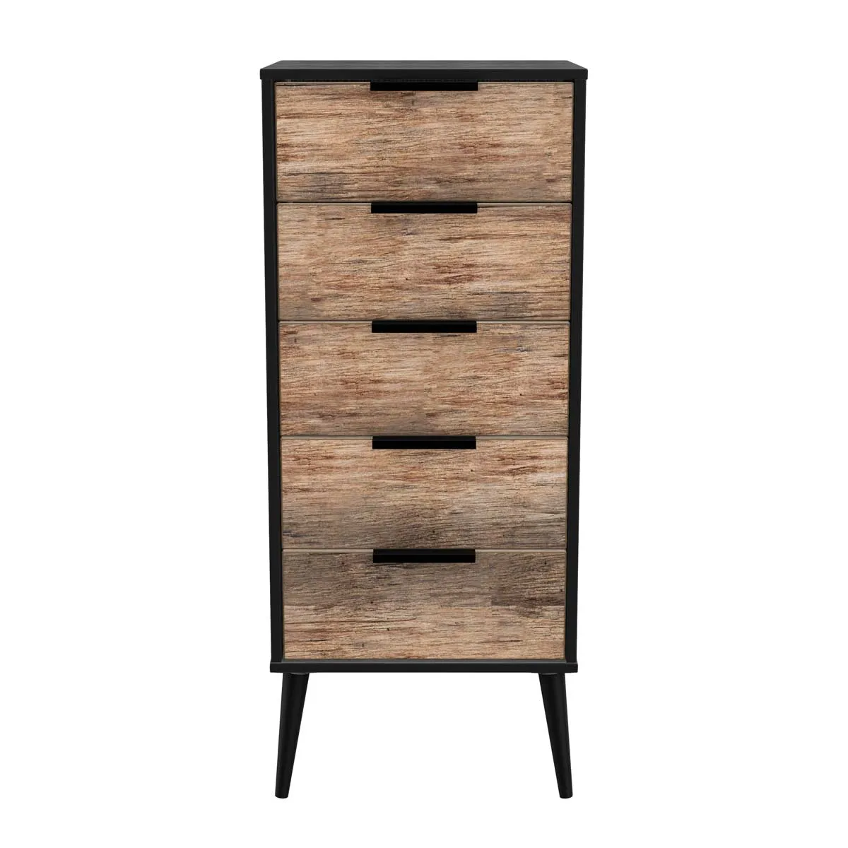 Welcome Furniture Hirato Ready Assembled 5 Drawer Tall Boy Vintage Oak Black Wood Legs