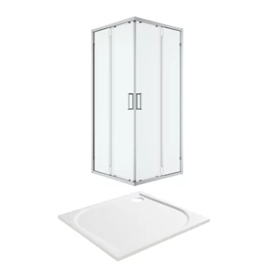 GoodHome Ledava Chrome Effect Clear Universal Square Shower Enclosure & Tray - Corner Entry Double Sliding Door (H)195Cm (W)90Cm (D)90Cm