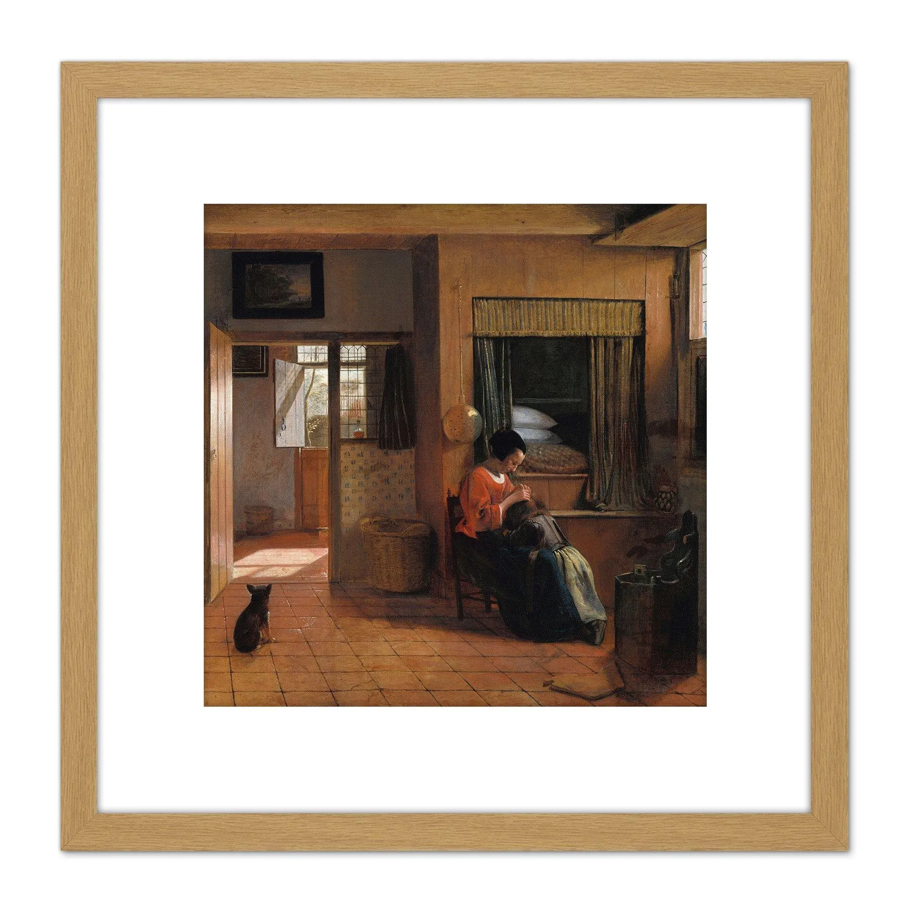 Artery8 Pieter De Hooch Mother Delousing Her Child'S Hair 8X8 Inch Square Wooden Framed Wall Art Print Picture with Mount