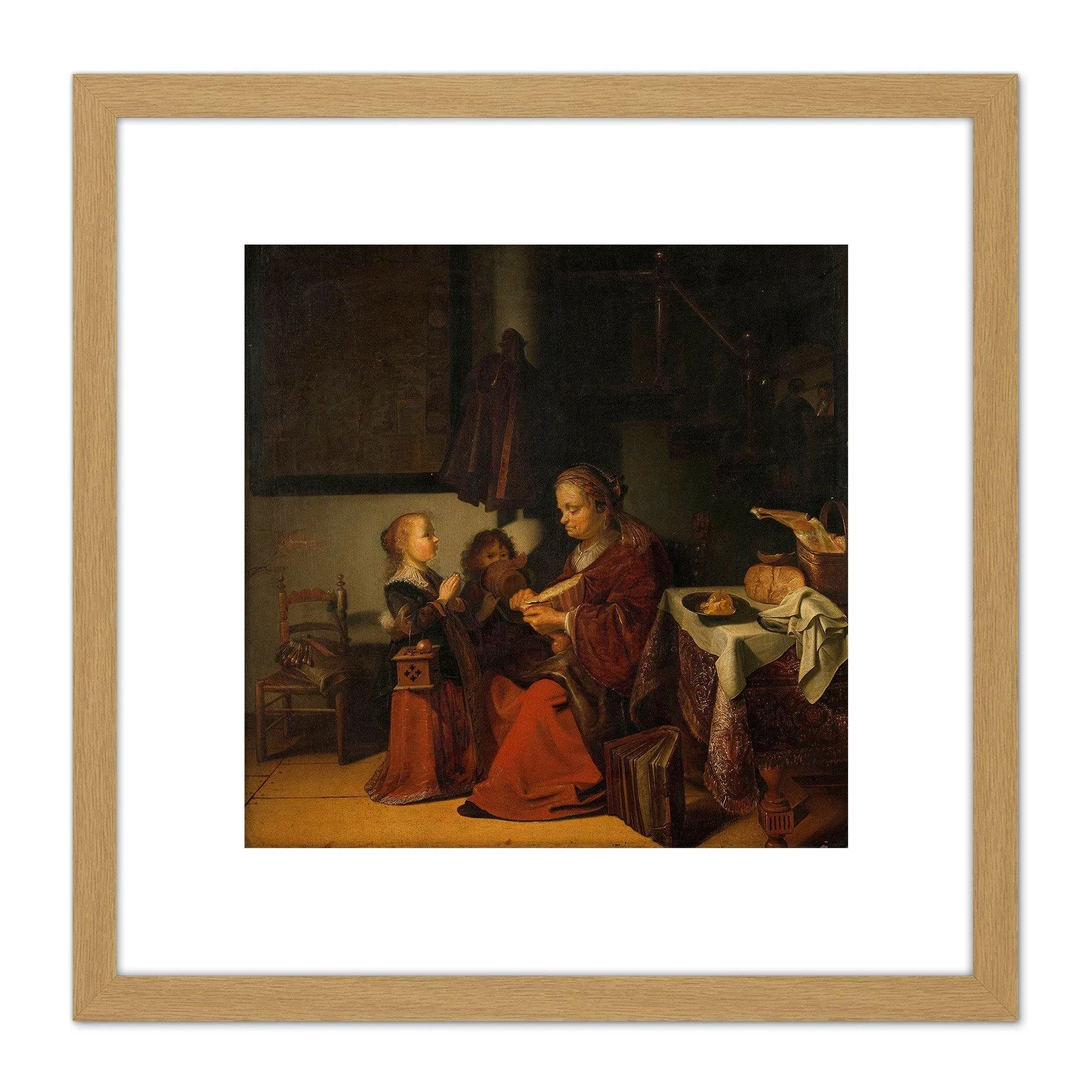 Artery8 Slabbaert Breakfast Children Bread Painting 8X8 Inch Square Wooden Framed Wall Art Print Picture with Mount