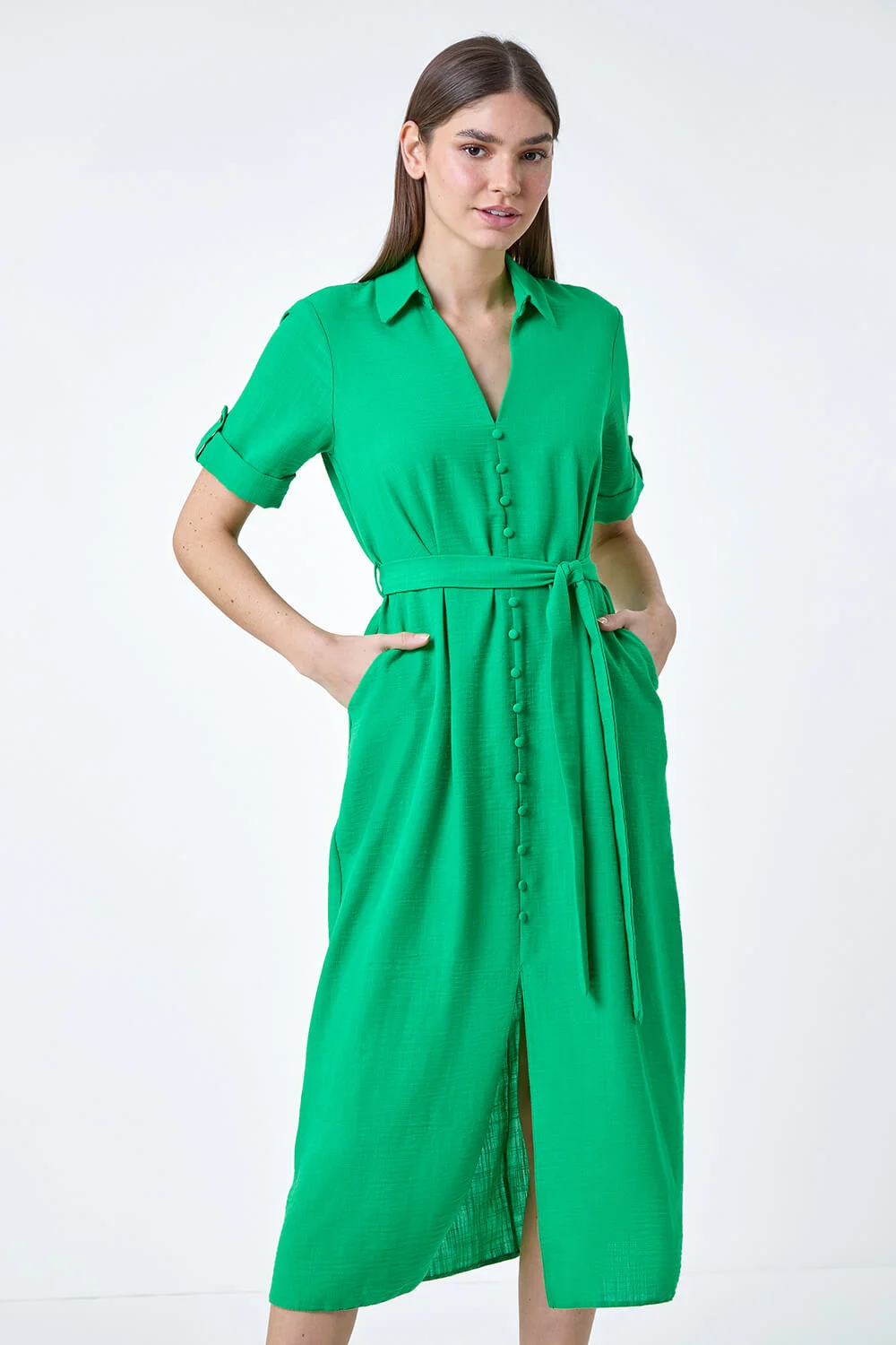 Textured Belted Midi Shirt Dress