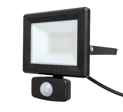 Luceco Luceo Eco Flood Light IP65 PIR 1600LM 20W 4000K, 1M Cable - Black