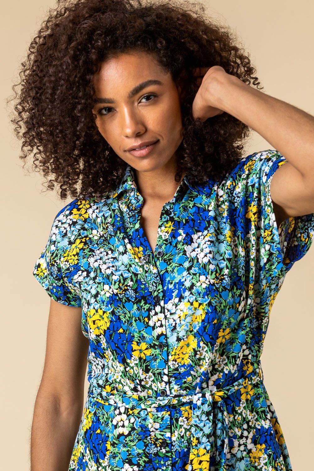 Roman Originals Contrast Floral Print Shirt Dress in Blue
