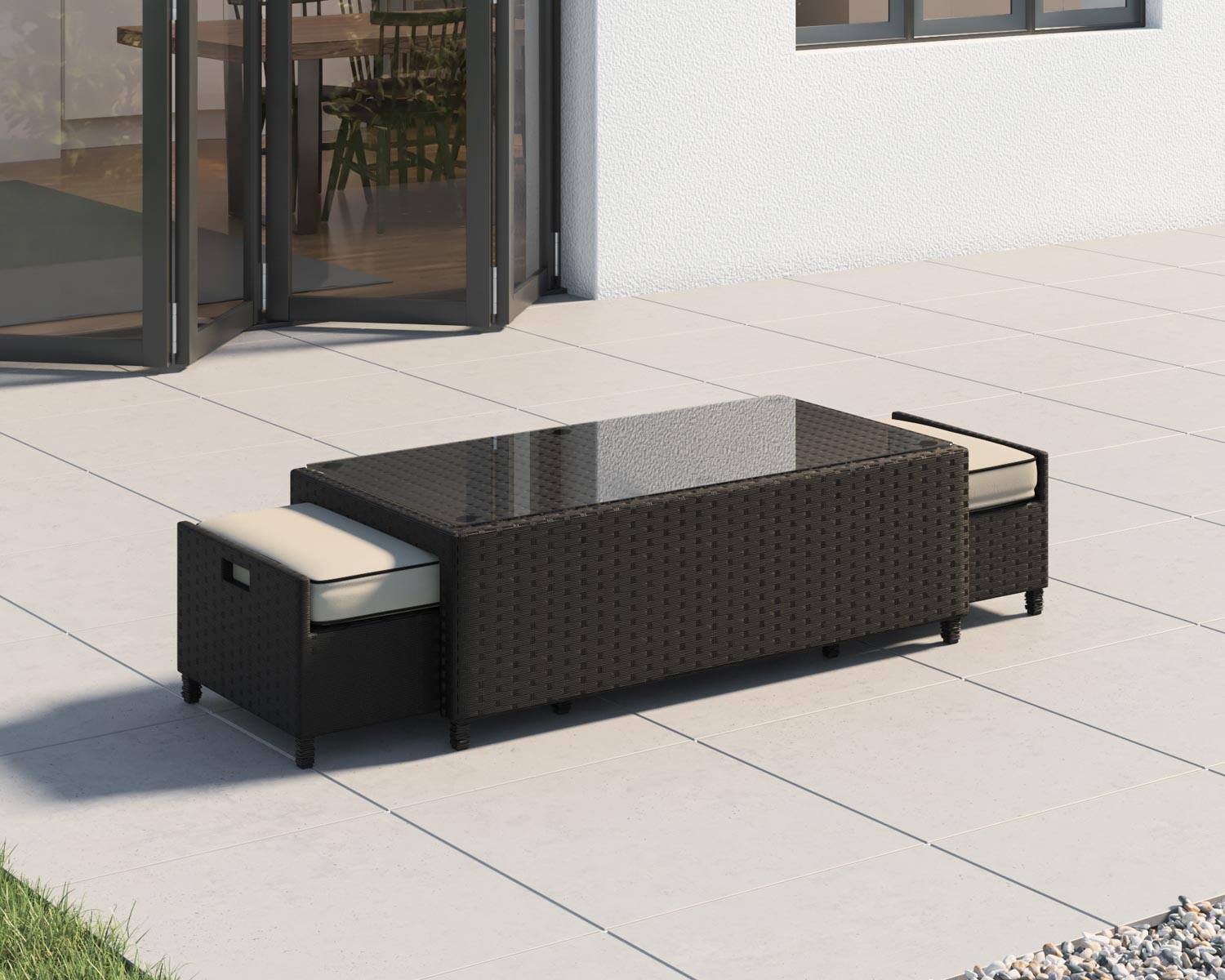 Ascot Rattan Garden Coffee Table with 2 Footstools in Black and Vanilla