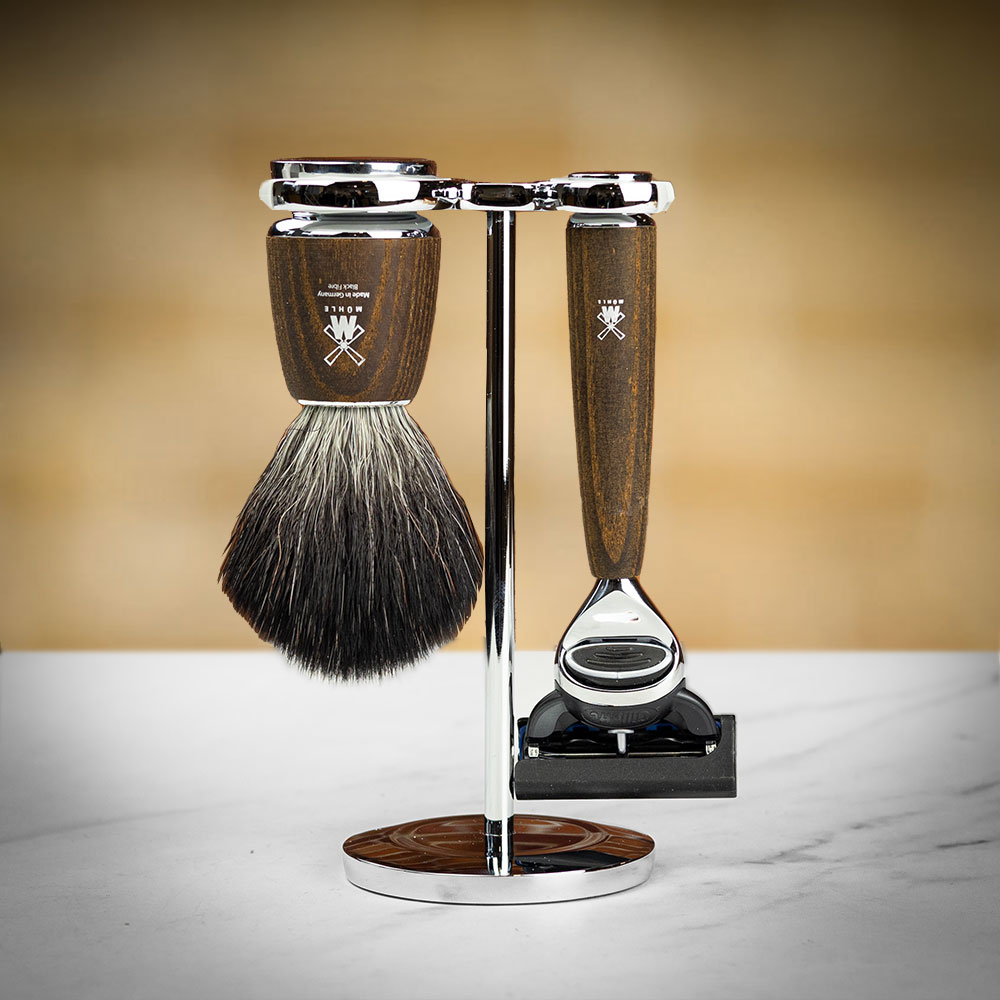 Mühle Muhle Kosmo Bog Oak 3-Piece Silvertip Fibre Brush and Fusion Razor Shaving Set