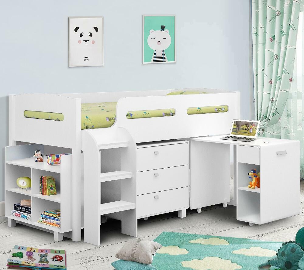 Happy Beds Kimbo - Single - Kids Cabin Bed - Storage and Desk - White - Wooden - 3ft