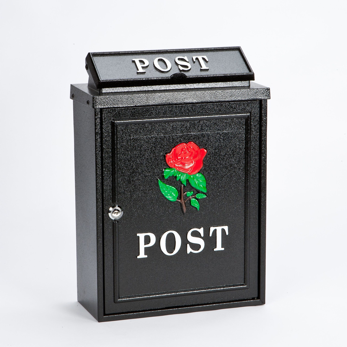 Arboria Cast Aluminium Post Box, Black - Red Rose
