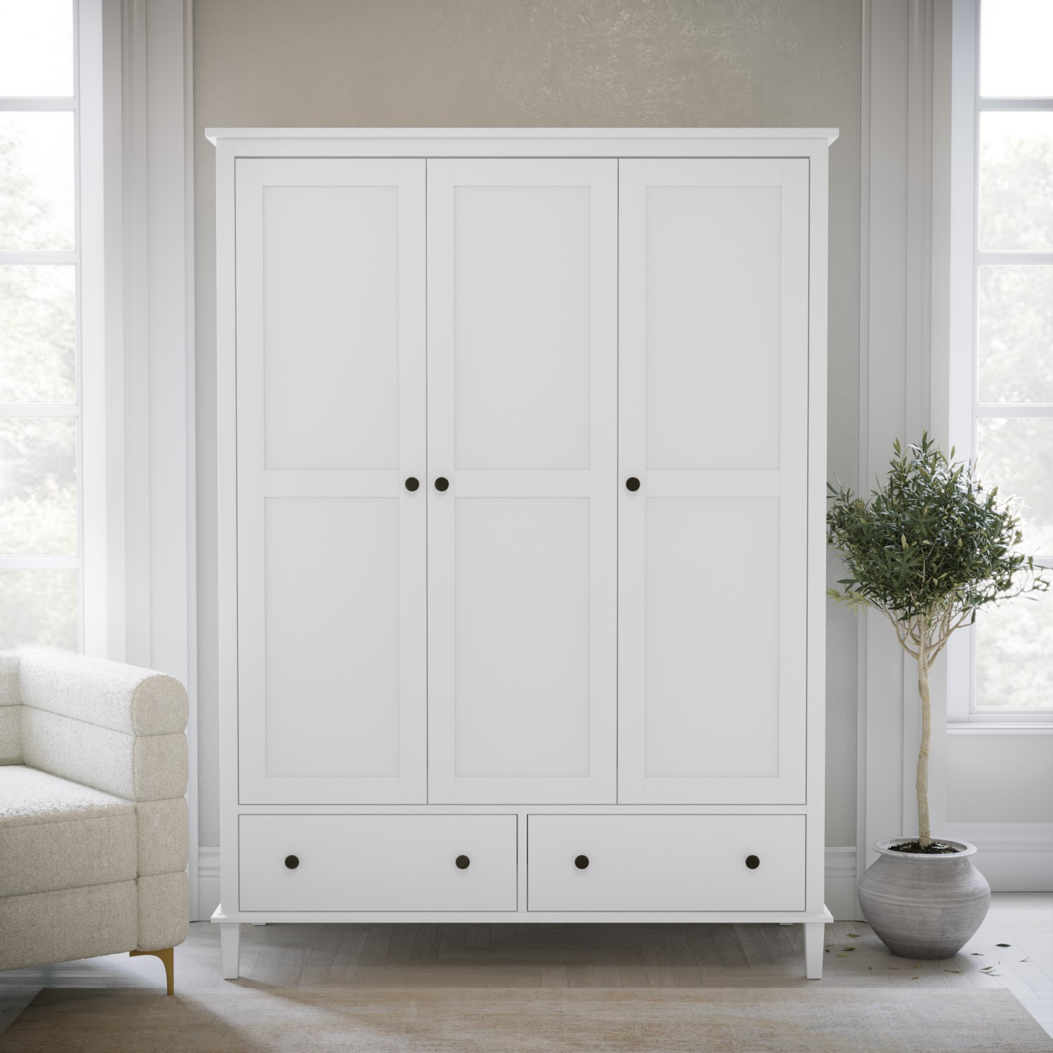 White Wooden 3 Door Triple Wardrobe with Drawer - 