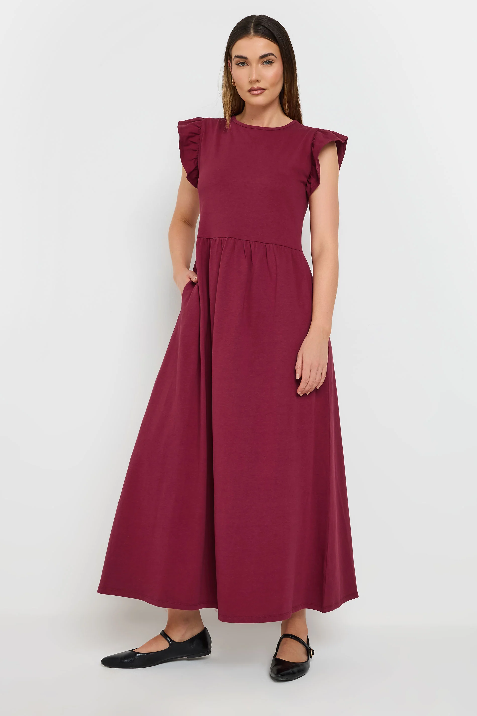  Tall Dark Red Frill Sleeve Maxi Dress 16 | Tall Women's Maxi Dresses