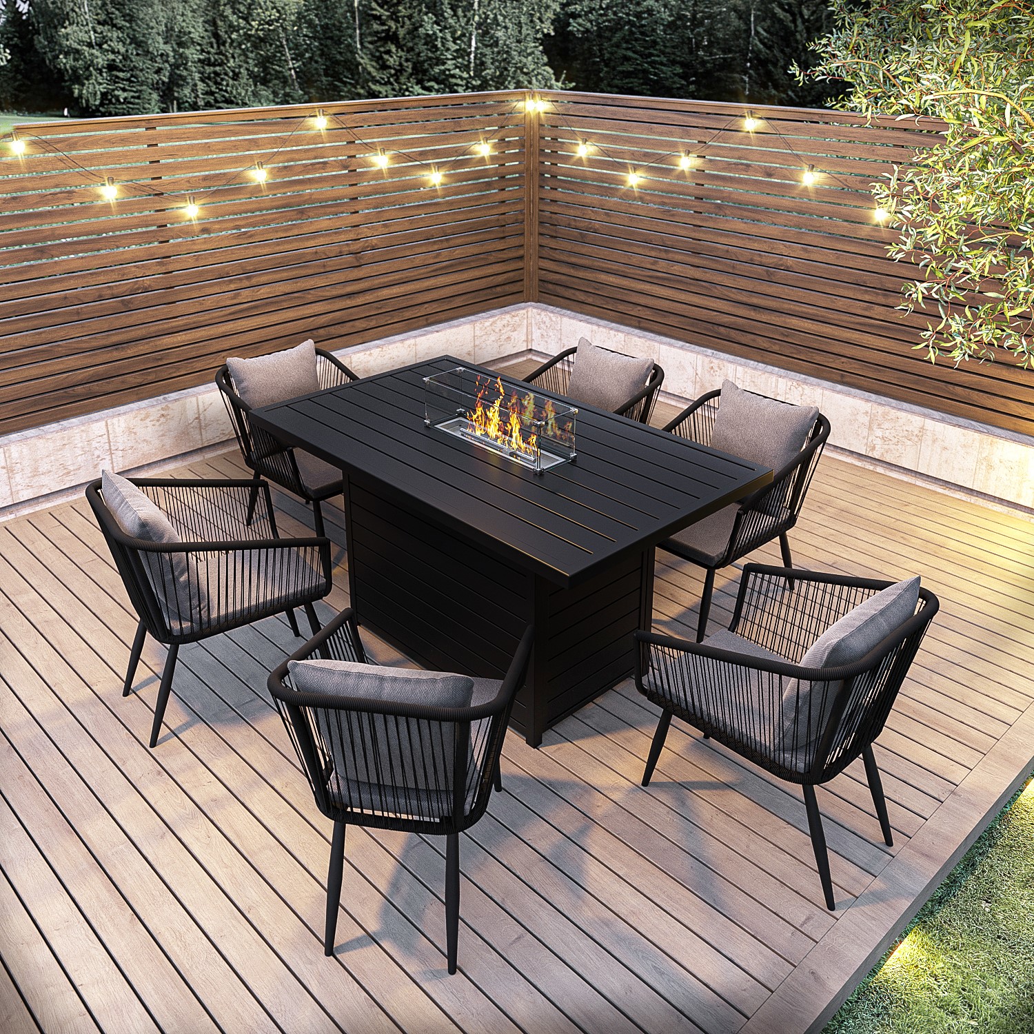Como 6 Seater Grey Aluminium & Rope Dining Set with Firepit Table -