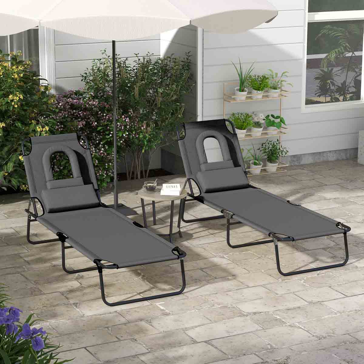 Outsunny Sun Lounger Set of 2 Folding Recliner Chair Portable Reclining Garden Seat