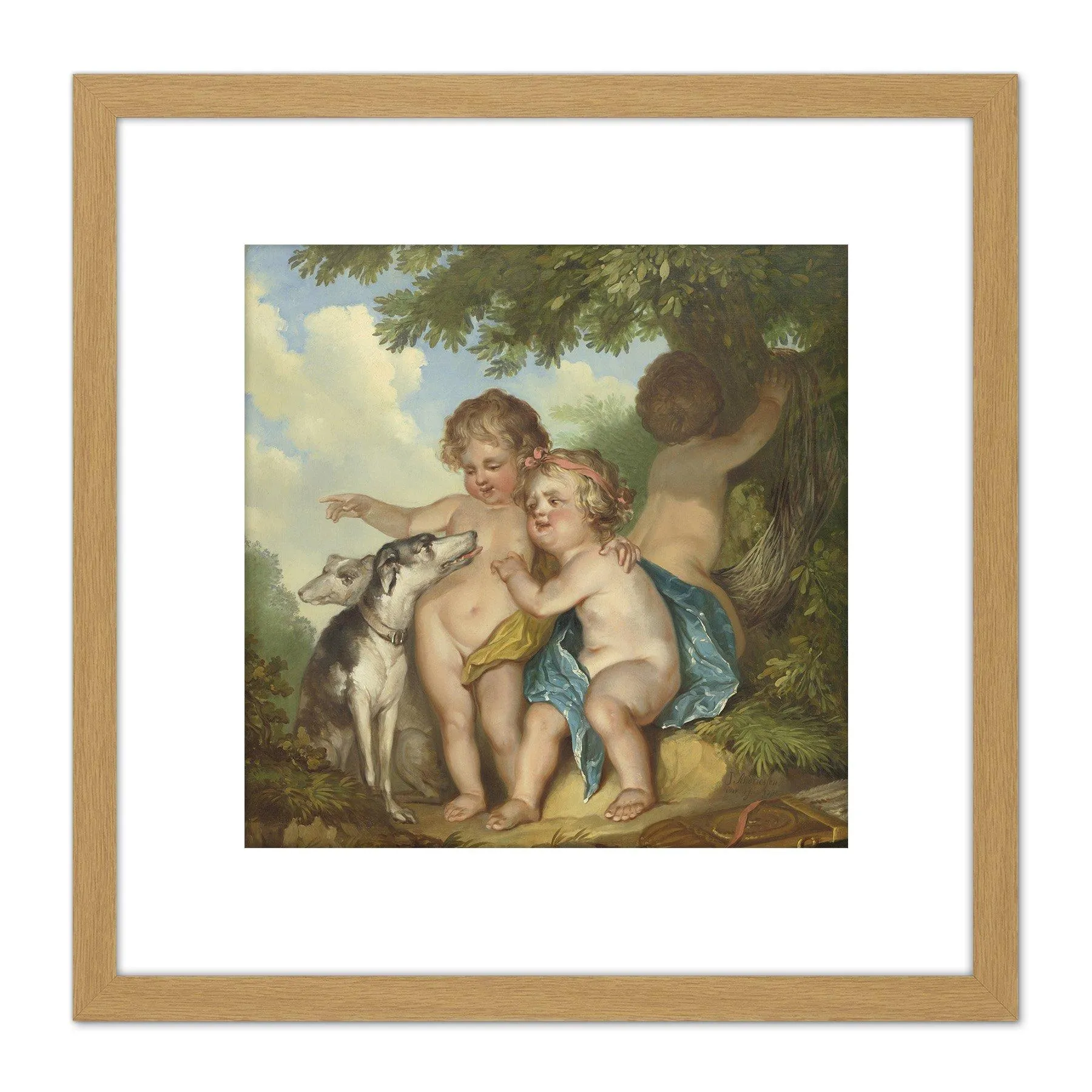 Artery8 Andriessen Three Children With Two Dogs 8X8 Inch Square Wooden Framed Wall Art Print Picture with Mount