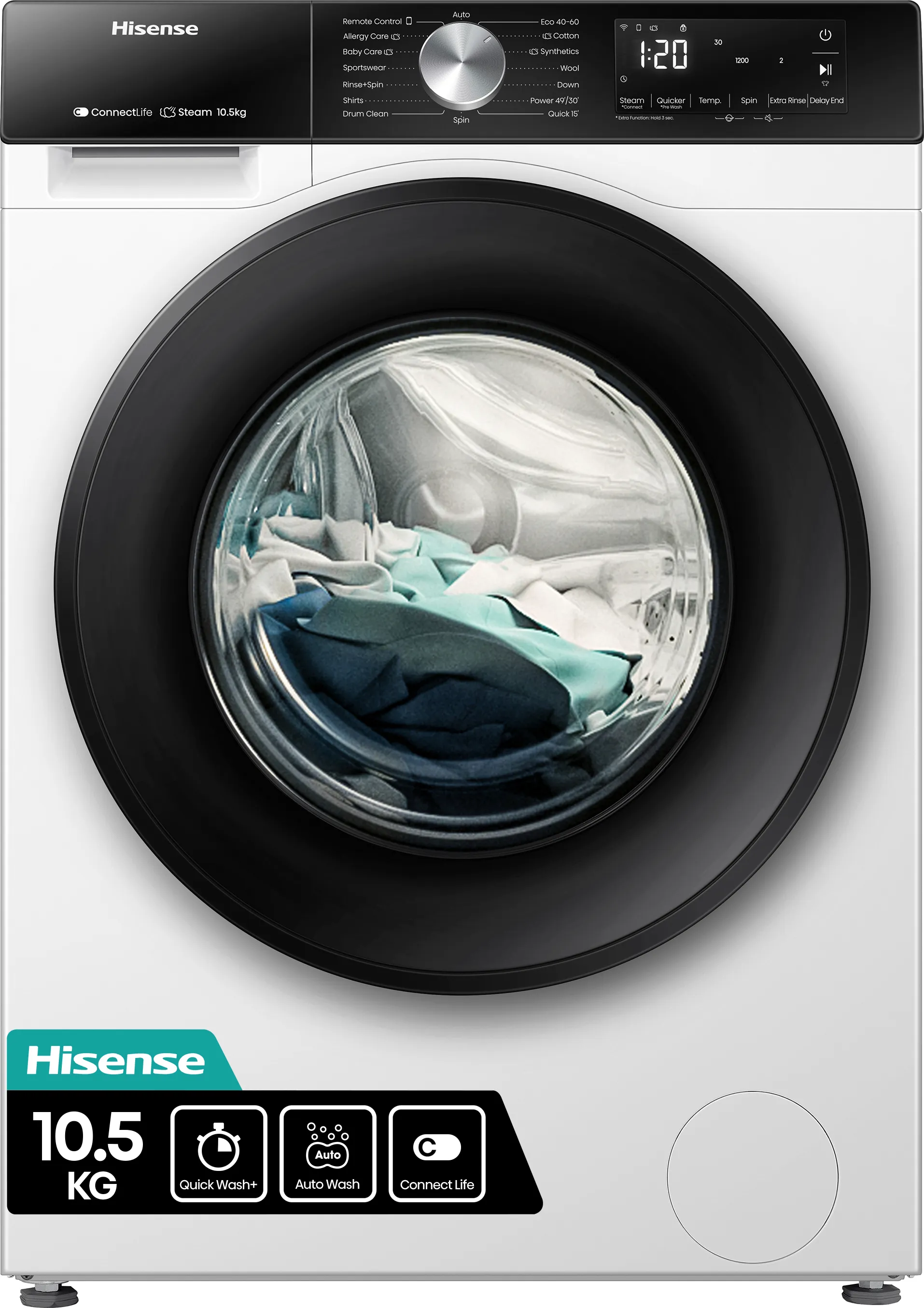 Hisense 3S Series WF3S1043BW3 10.5kg WiFi Connected Washing Machine with 1400 rpm - White - A Rated, White