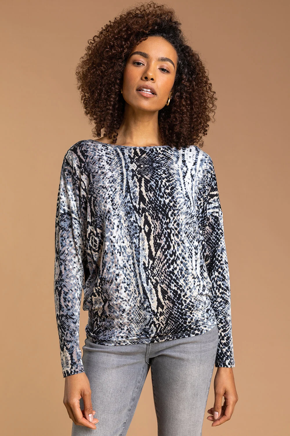 Roman Originals Abstract Animal Print Tunic Top in Steel Blue