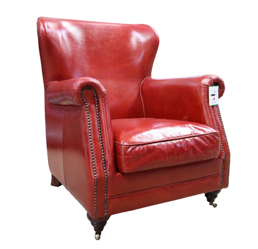 RED Vintage Genuine High Back Armchair Distressed Rouge Real Leather