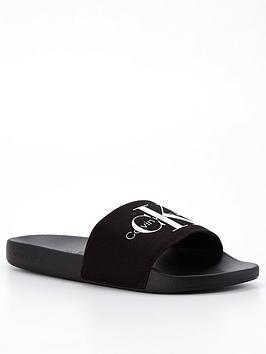 Calvin Klein Jeans Logo Monogram Slides - Black , Black, Size 11, Men|11