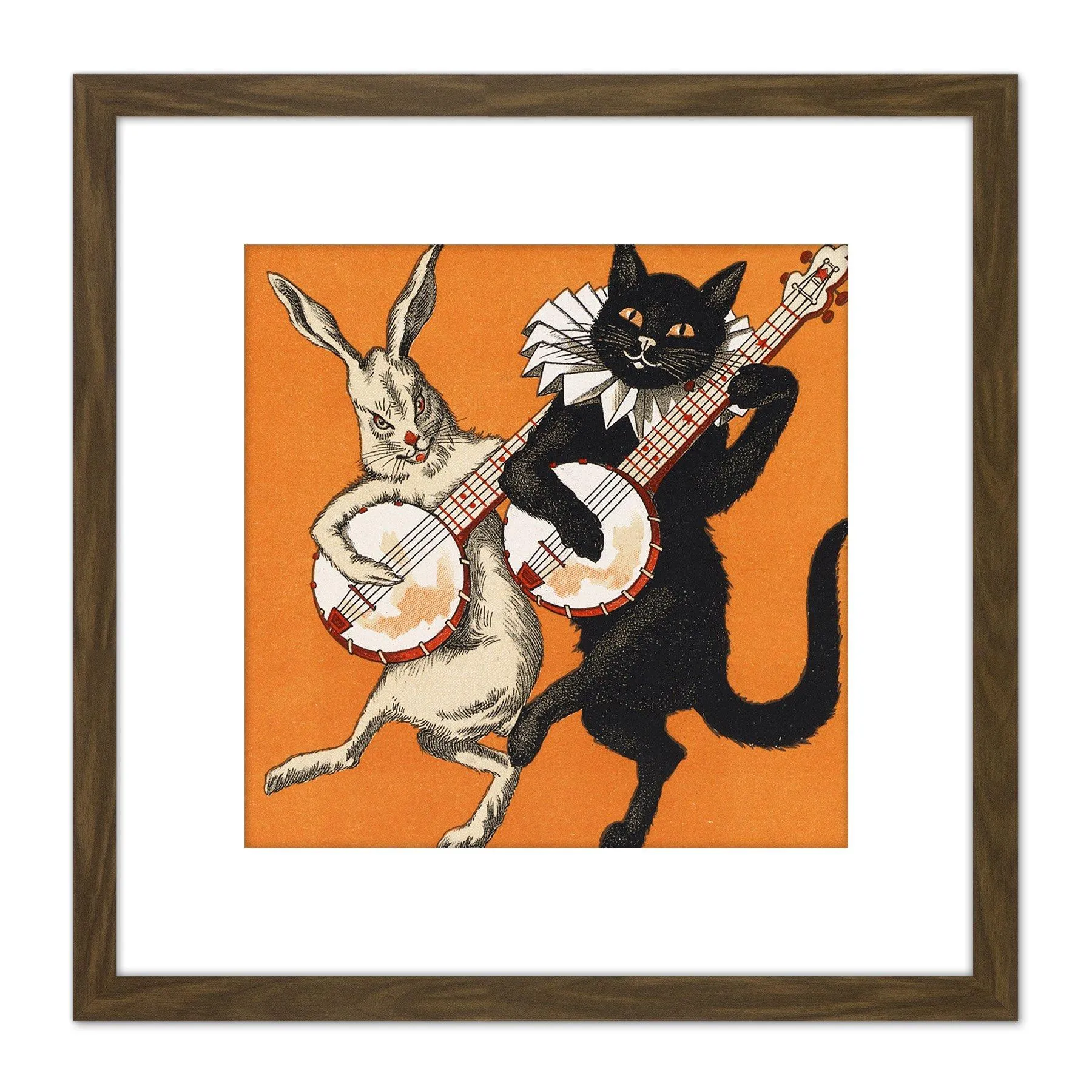 Artery8 Cat And Hare With Banjos 8X8 Inch Square Wooden Framed Wall Art Print Picture with Mount