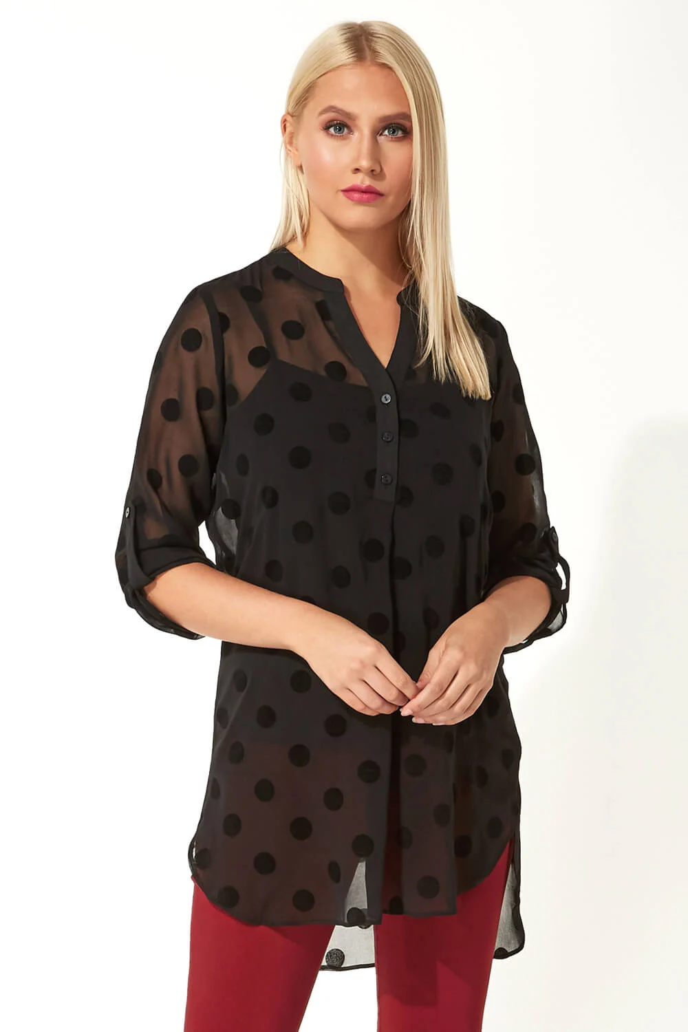 Roman Originals Flock Spot Print Shirt and Cami Top in Black