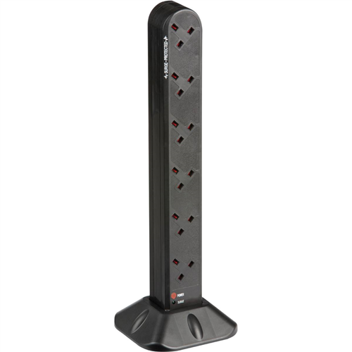 Knightsbridge Surge Protected UK Extension Socket Tower Black - 12 Gang