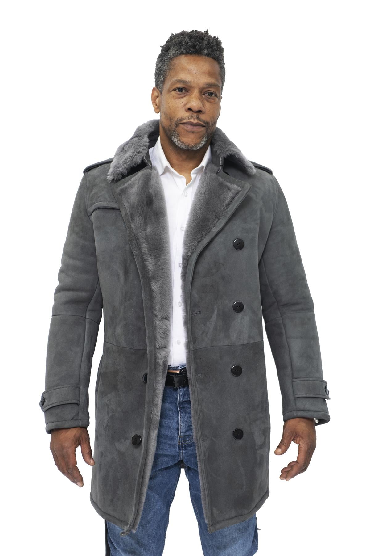 Infinity Leather Mens Shearling Sheepskin Suede Pea Coat-Cali - Grey - Size Large