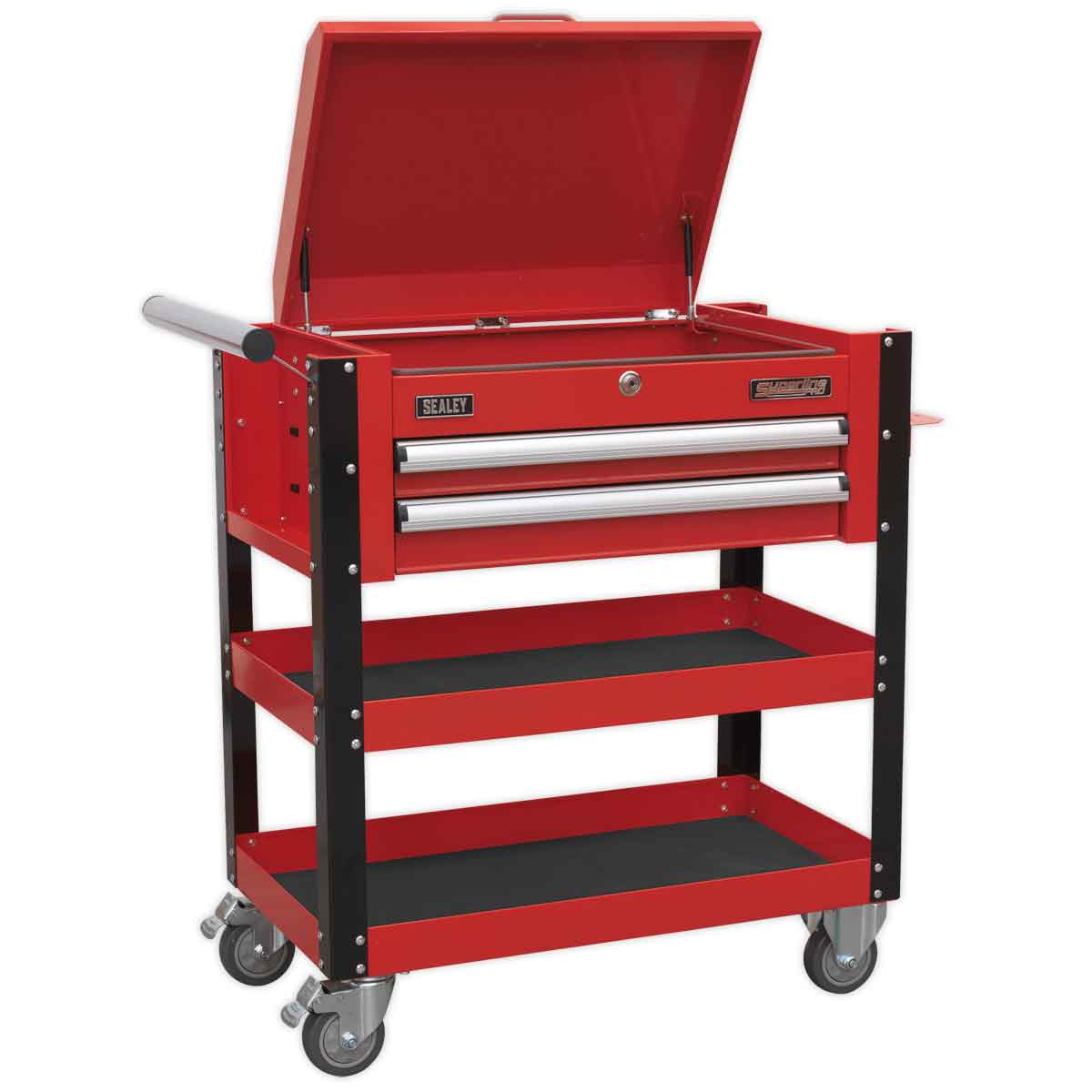  2 Drawer Heavy Duty Mobile Tool and Parts Trolley Red