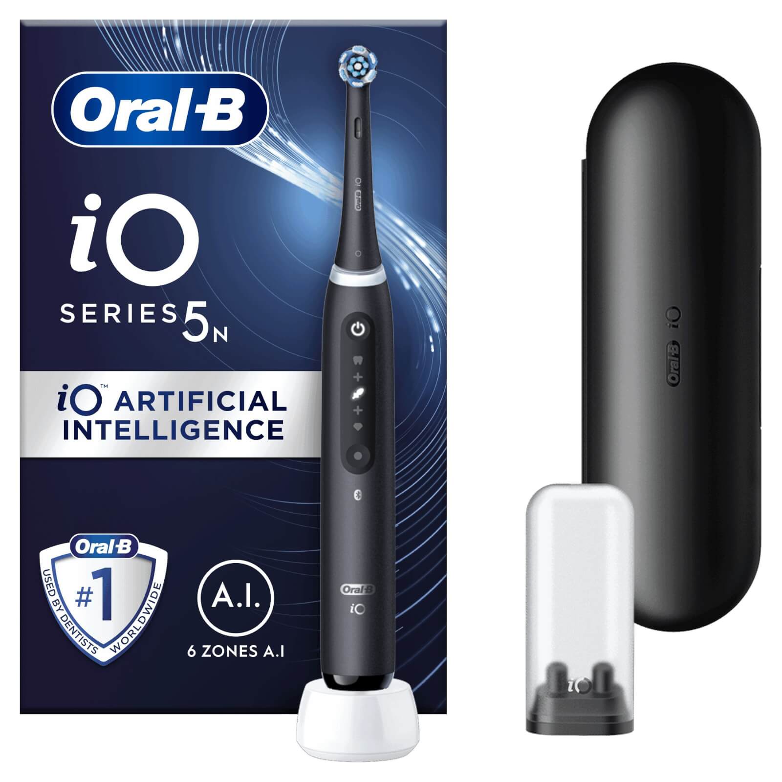 Oral-B iO5 Connected Electric Toothbrush - Black - Bluetooth, 1 Brush Head and 1 Travel Case