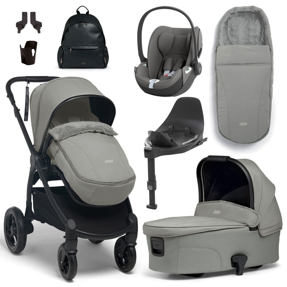 Ocarro Pushchair Complete Bundle with Cybex Cloud T Car Seat & Base (8 Pieces) - Flint Grey