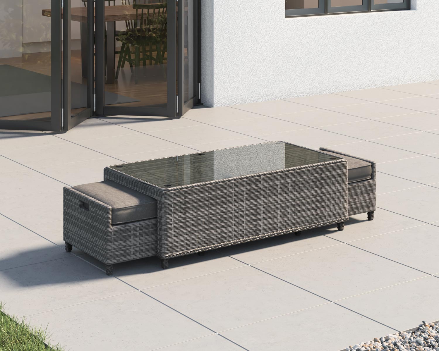 Ascot Rattan Garden Coffee Table with 2 Footstools in Grey
