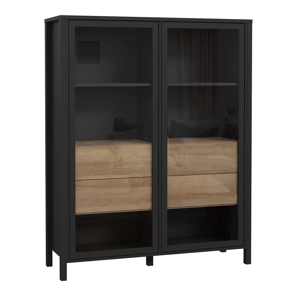 Forte High Rock Extra Wide Display Cabinet In Matt Black/Riviera Oak