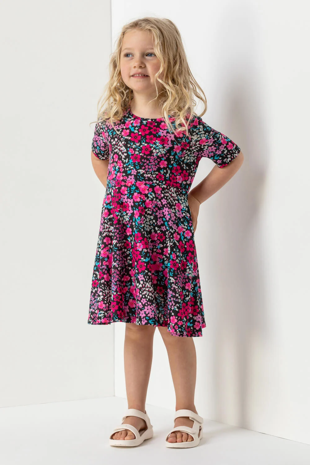 Roman Originals Girls Floral Print Skater Dress in Fuchsia