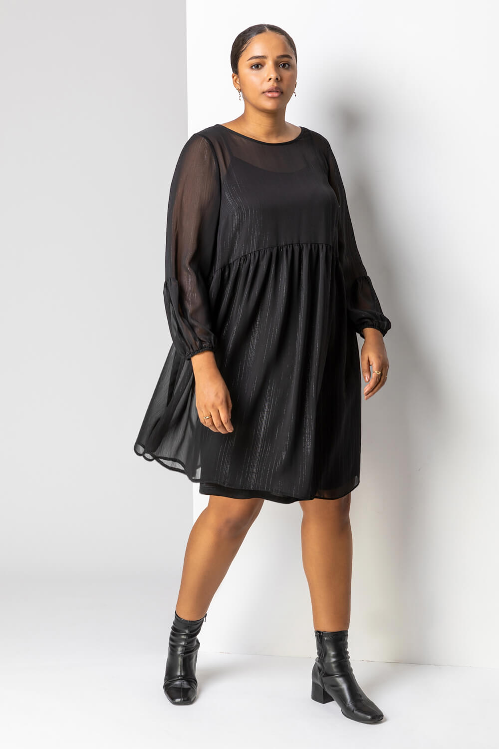 Roman Originals Curve Chiffon Lurex Stripe Smock Dress in Black