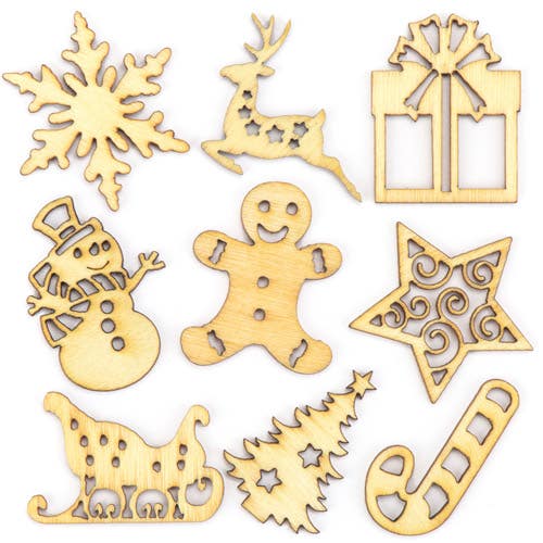 Baker Ross Mini Christmas Wooden Shapes - 45 Wooden Xmas Shapes In 9 Assorted Designs. Size 25mm-30mm.