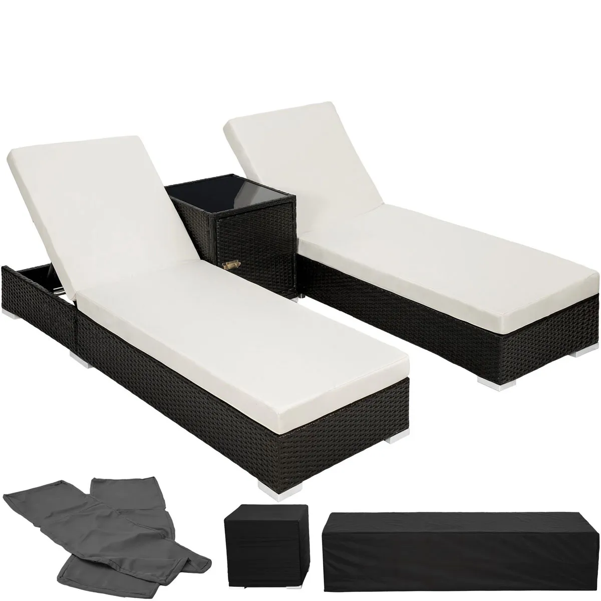 TecTake (black) 2 sunloungers + table with protective cover rattan aluminium -