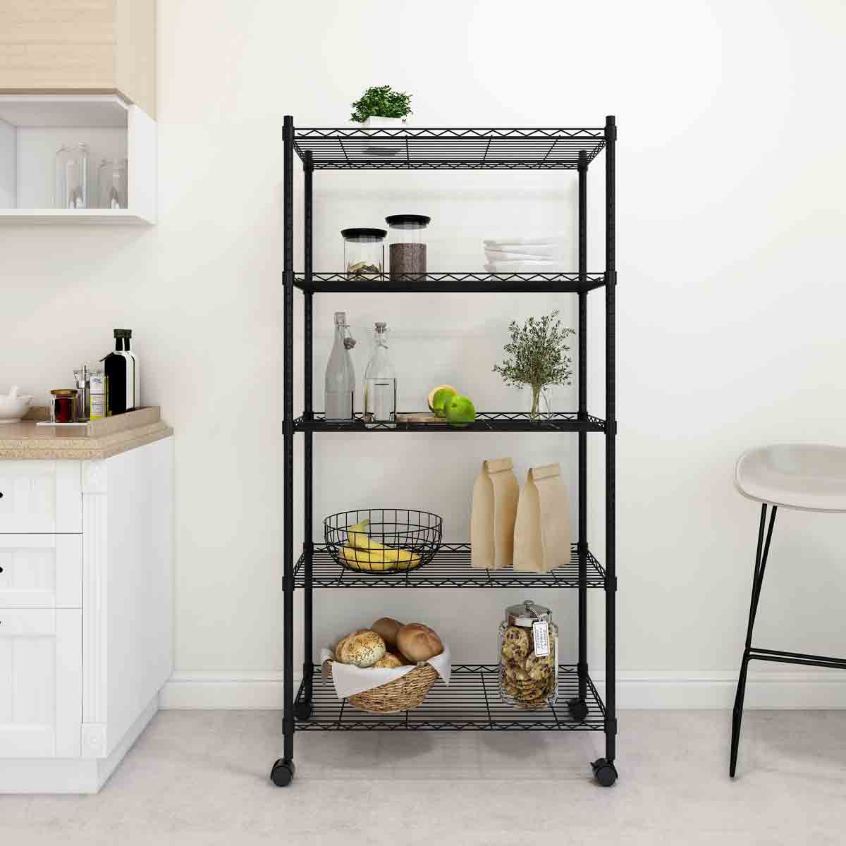 VidaXL 5-Tier Storage Shelf with Wheels 75x35x155 cm Black 250 kg