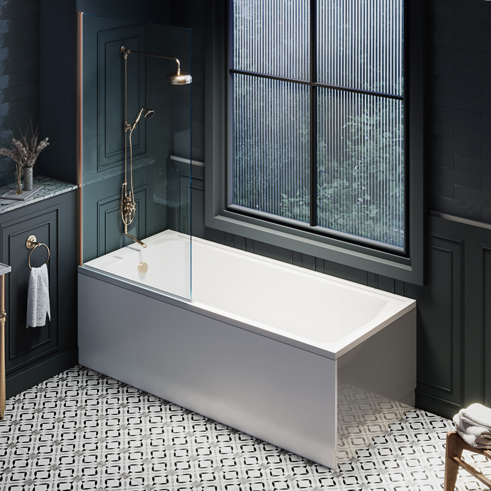 HudsonReed Milano Richmond - 1700mm x 750mm Traditional Single Ended Shower Bath with Brushed Copper Bath Screen and Side Panel