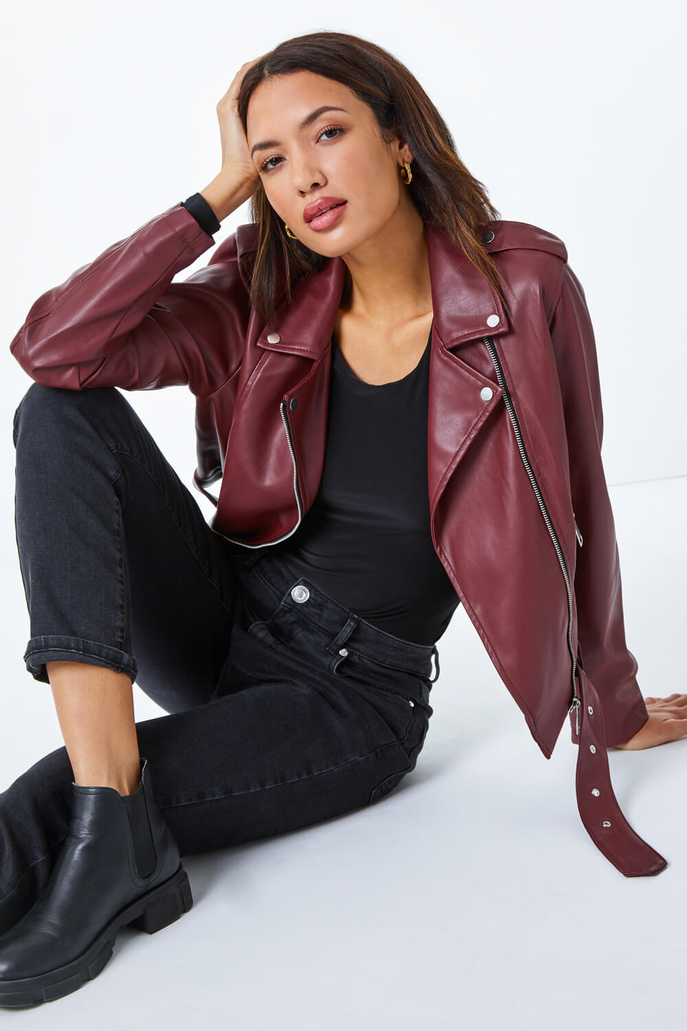 Roman Originals Faux Leather Biker Jacket in Wine