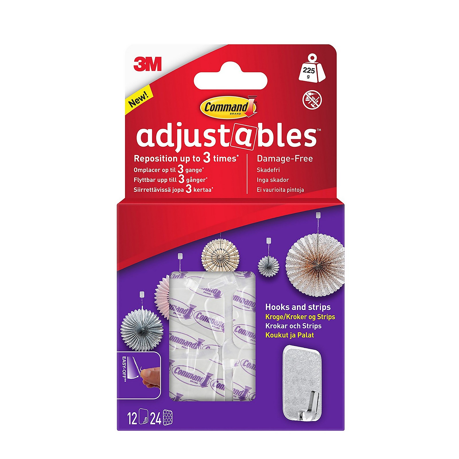 3M Command™  Adjustables™  Repositionable Hooks  12 Hooks + 24Strips/PK