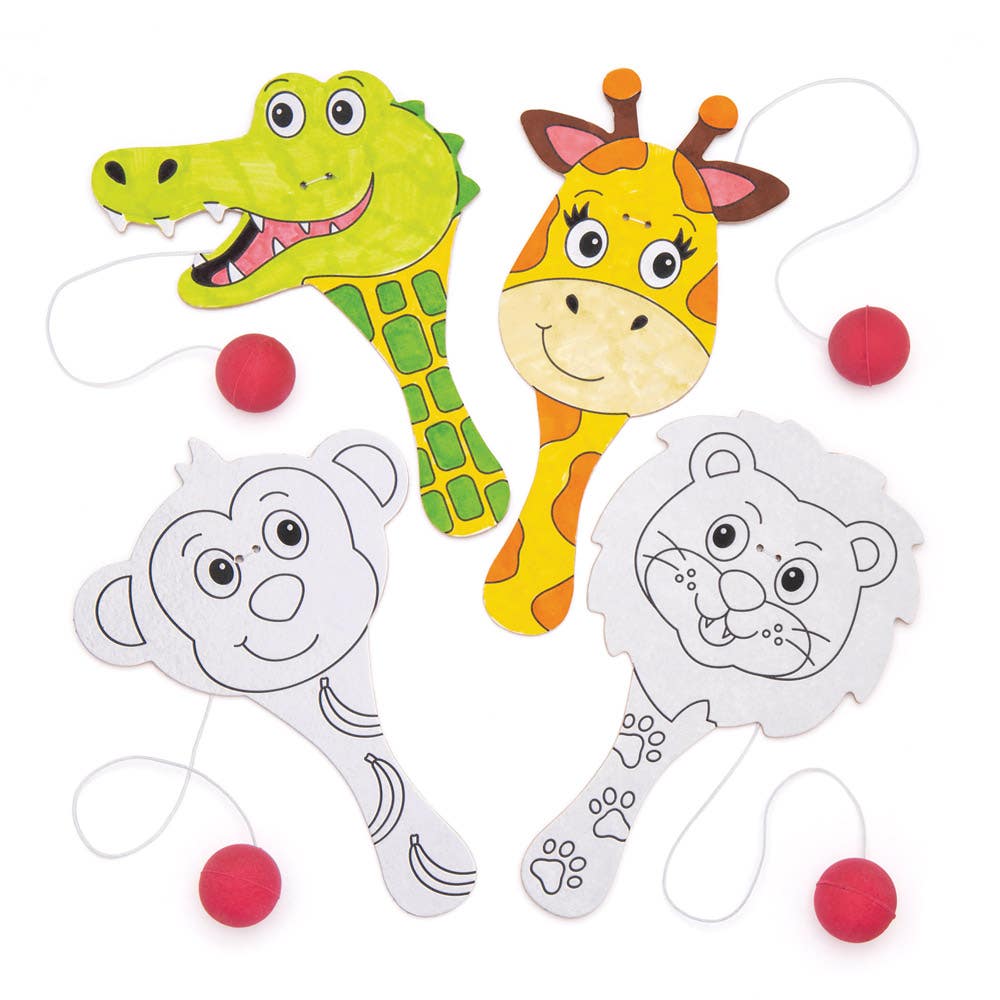 Baker Ross Wooden Jungle Animal Biff Bats - 5 Paddle Bats and Balls On Elastic. Fun Jungle Animal Crafts. Colouring Craft Toys. Size 16-18cm.