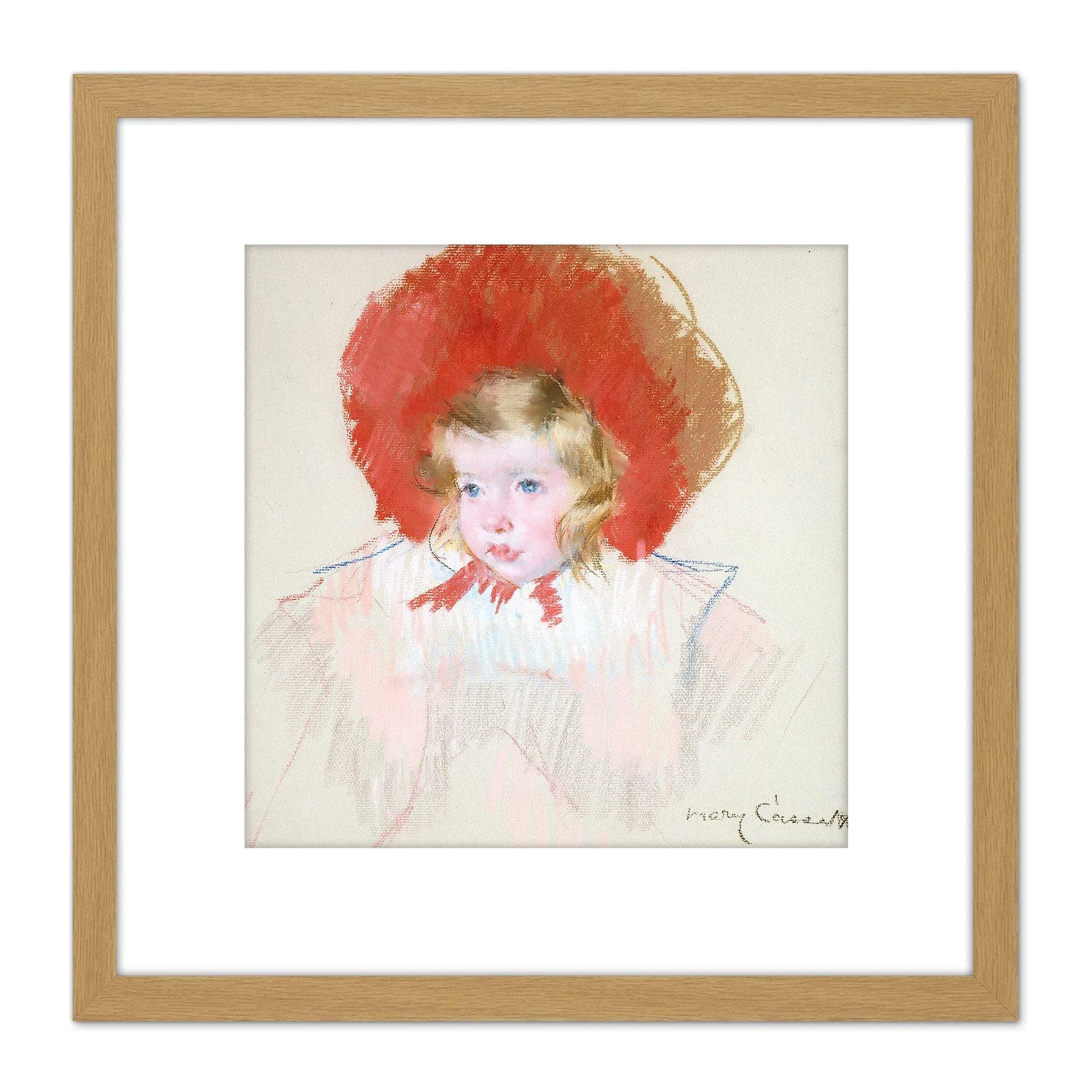 Artery8 Mary Cassatt Child With Red Hat Drawing 8X8 Inch Square Wooden Framed Wall Art Print Picture with Mount