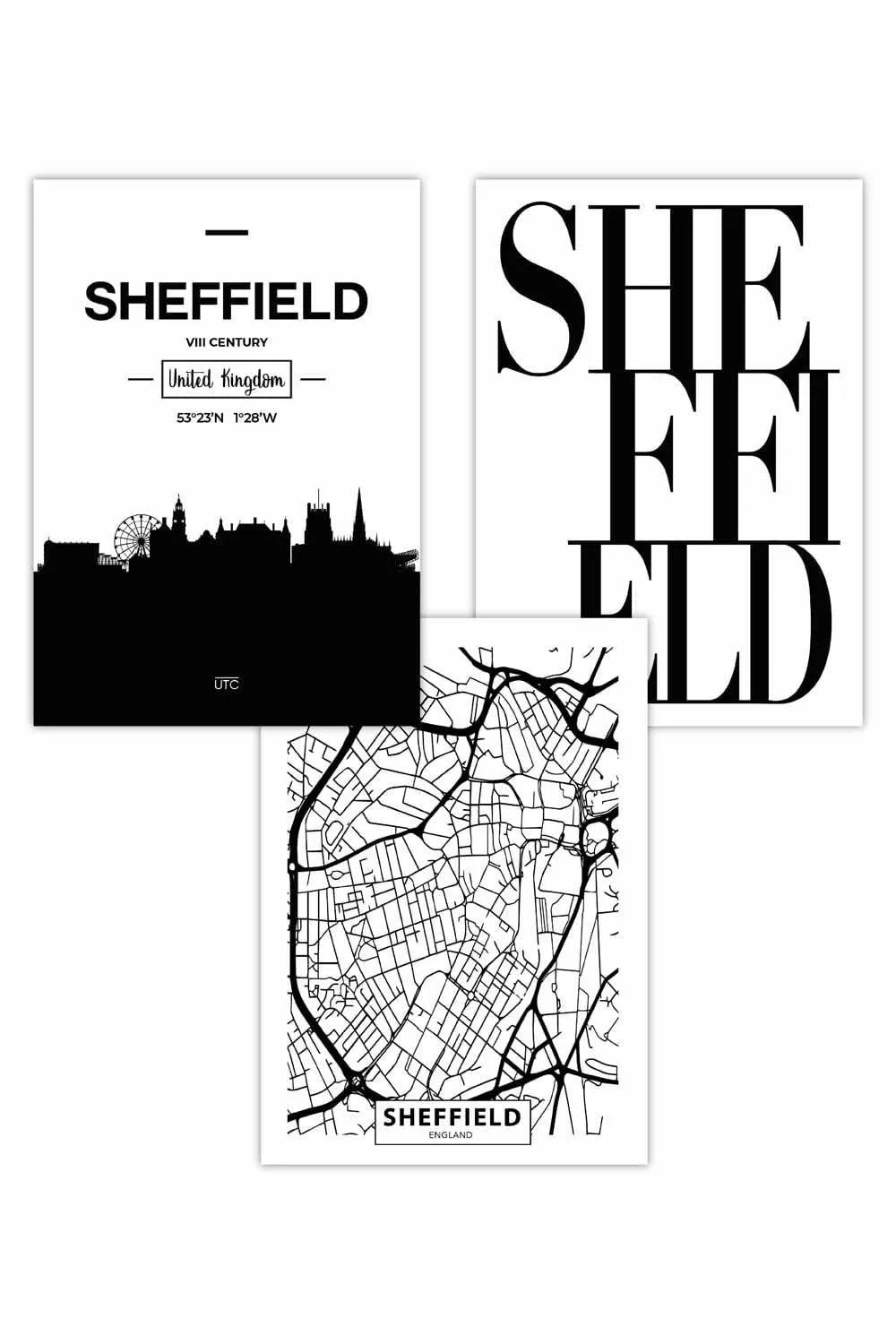 Artze Set Of 3 Sheffield Skyline Street Map City Prints Art Posters
