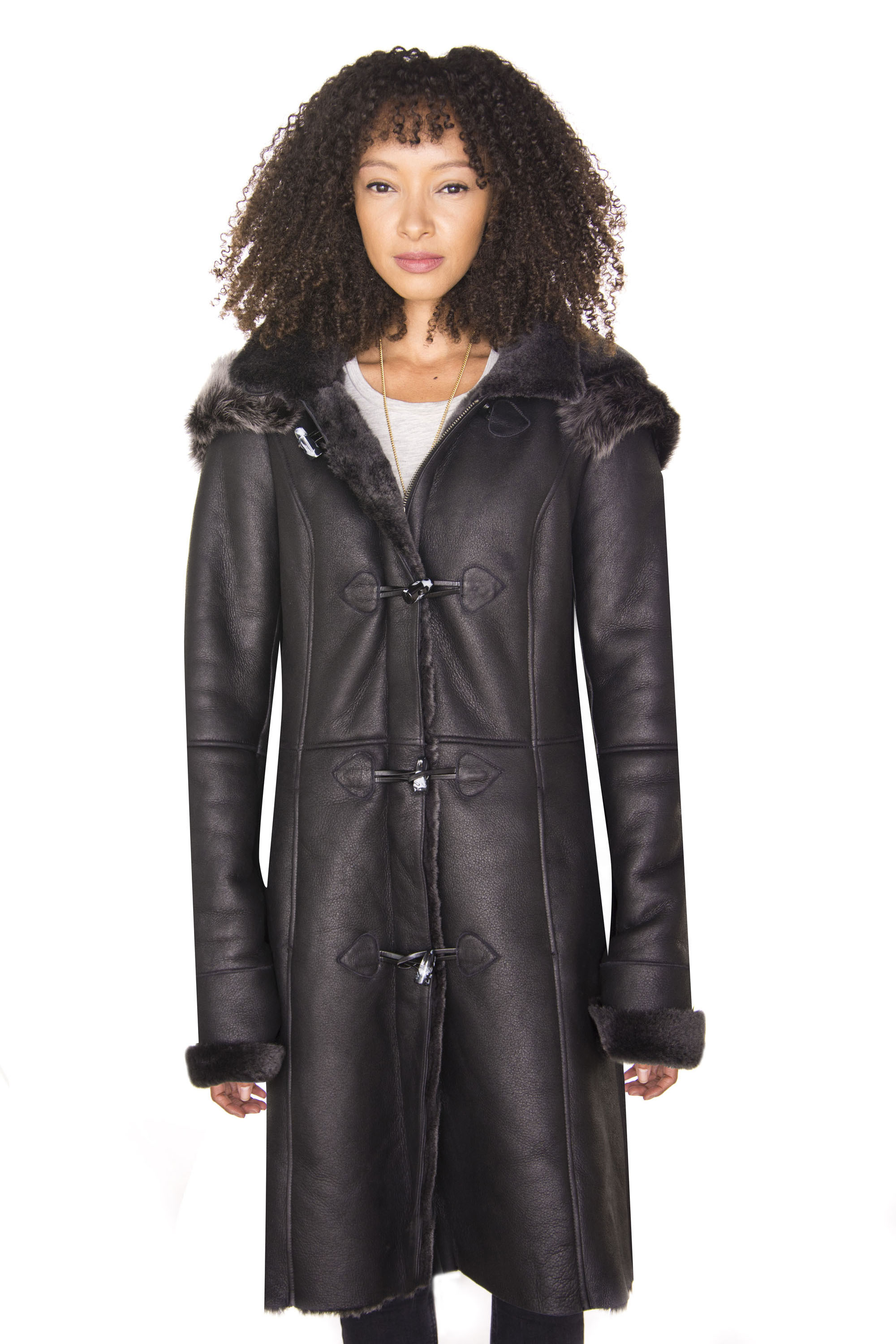 Infinity Leather Womens Black Sheepskin Hooded Duffle Coat-Ottawa - Size 8 UK