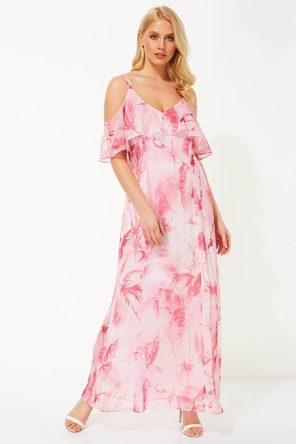 Roman Originals Feather Print Cold Shoulder Maxi Dress in Pink