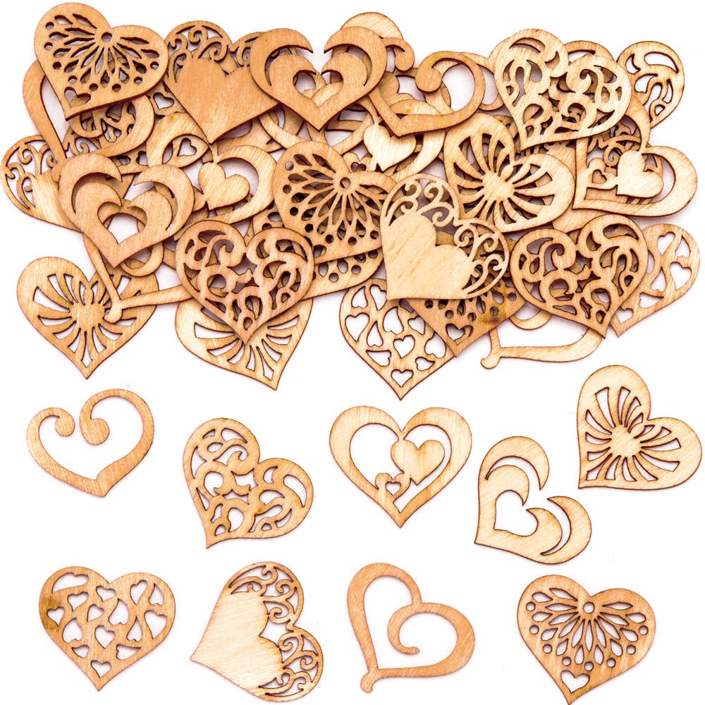 Baker Ross Mini Heart Wooden Shapes - 45 Laser Cut Wooden Shapes In 9 Designs. Wood Cutout Heart Shapes For Scrapbooking. Size 2.5-3cm.