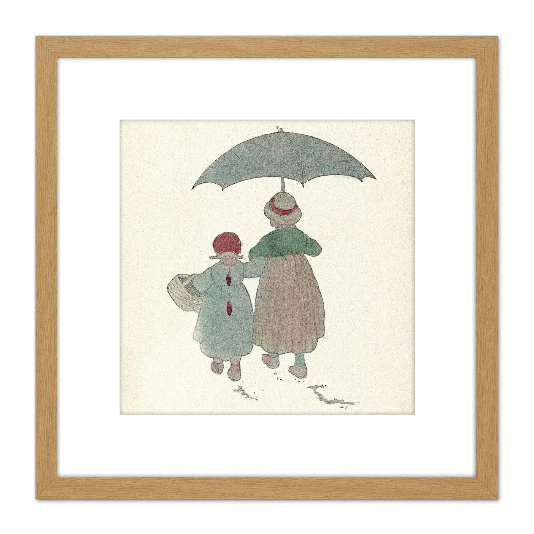 Artery8 Bergh Children Motif Design Umbrella Illustration 8X8 Inch Square Wooden Framed Wall Art Print Picture with Mount